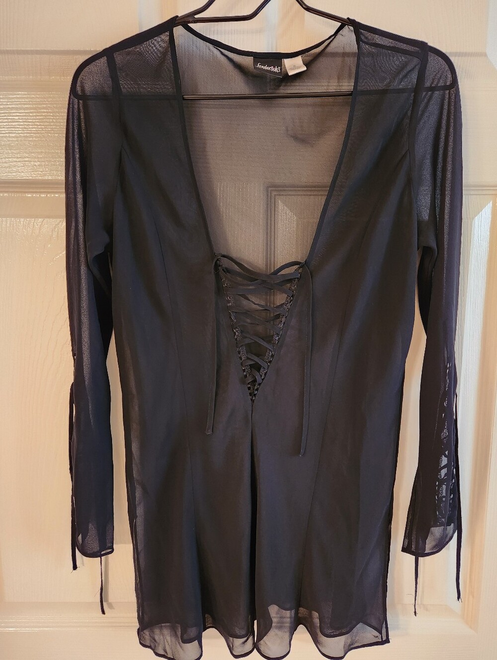 Frederick's Of Hollywood Unique Sheer Black Lace-Up Tunic Top S